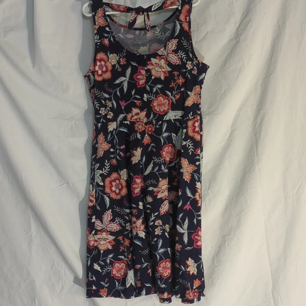 Old Navy | Knit Floral Print Dress Scoop Back Tie Navy Blue | L (10-12)